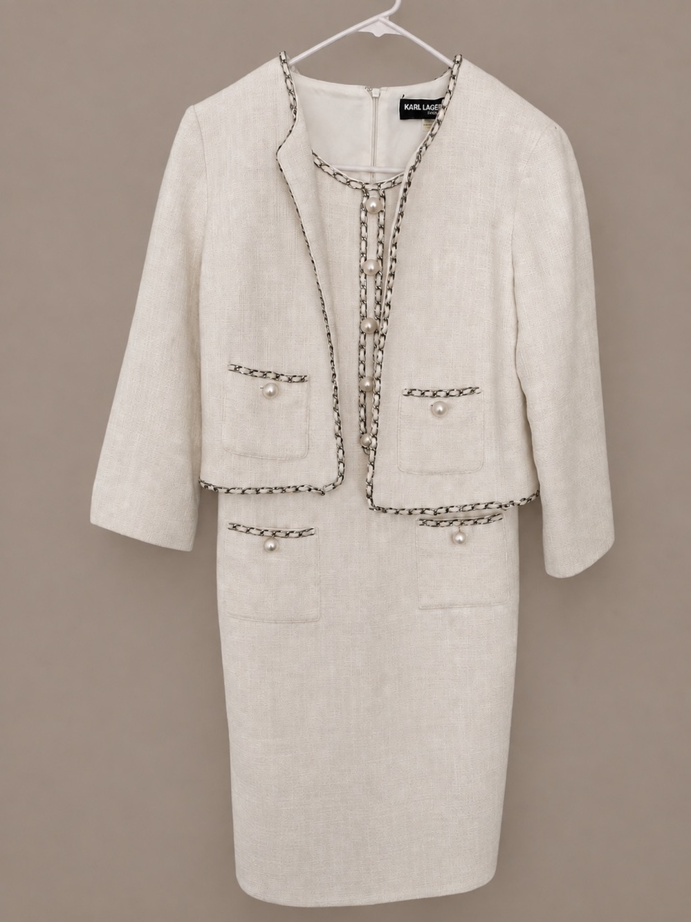 Karl Lagerfeld White Tweed Dress and Cropped Jacket with Pearl Trim